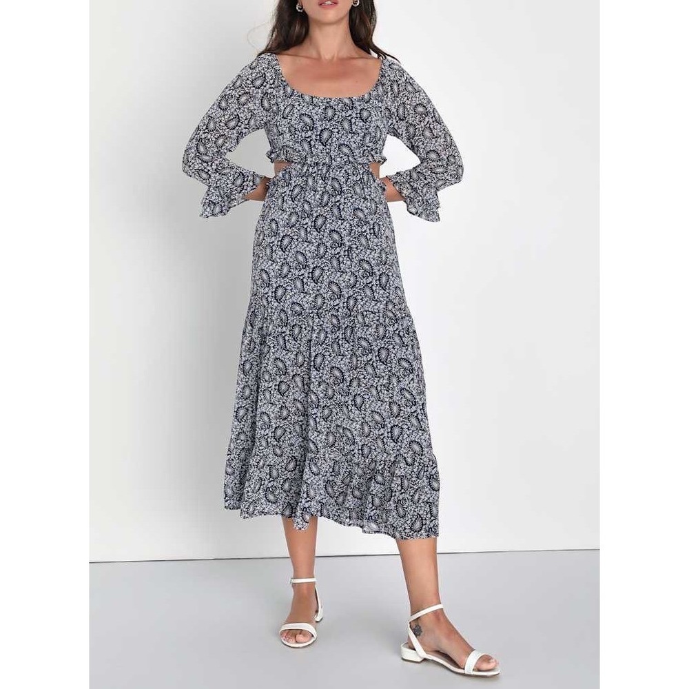 Lulus Blissful Sweetie Navy Blue Paisley Tiered Cutout Midi Dress Size XS